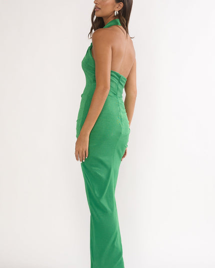 Green Halter Ruched Maxi Dress
