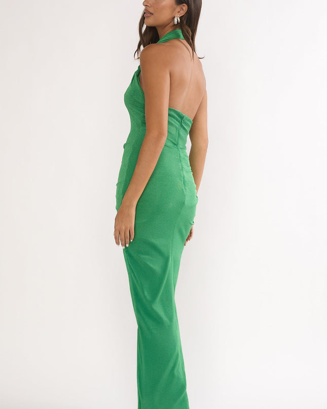 Green Halter Ruched Maxi Dress