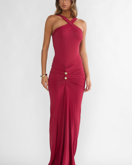 Wine Ruched Waist Gold Accent Maxi Dress