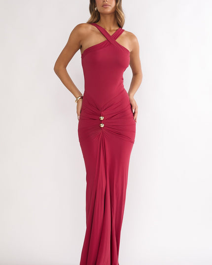 Wine Ruched Waist Gold Accent Maxi Dress
