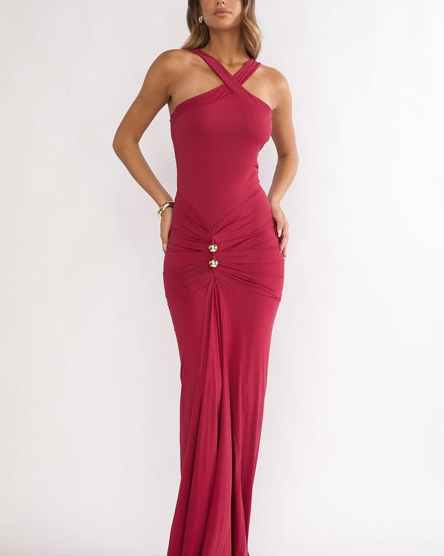 Wine Ruched Waist Gold Accent Maxi Dress