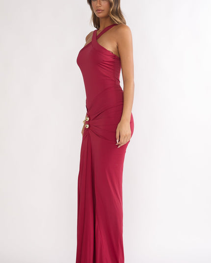 Wine Ruched Waist Gold Accent Maxi Dress