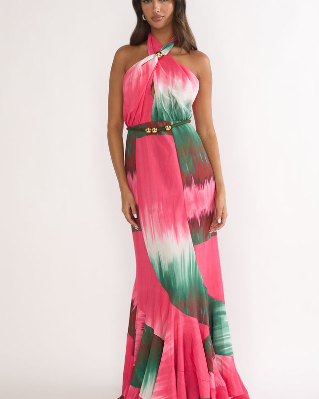 Fuchsia Waist Halter Maxi Dress