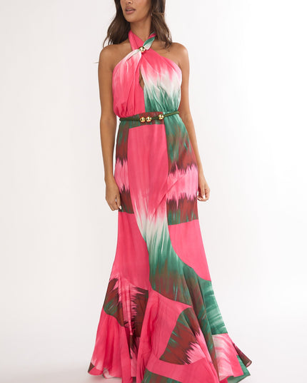 Fuchsia Waist Halter Maxi Dress