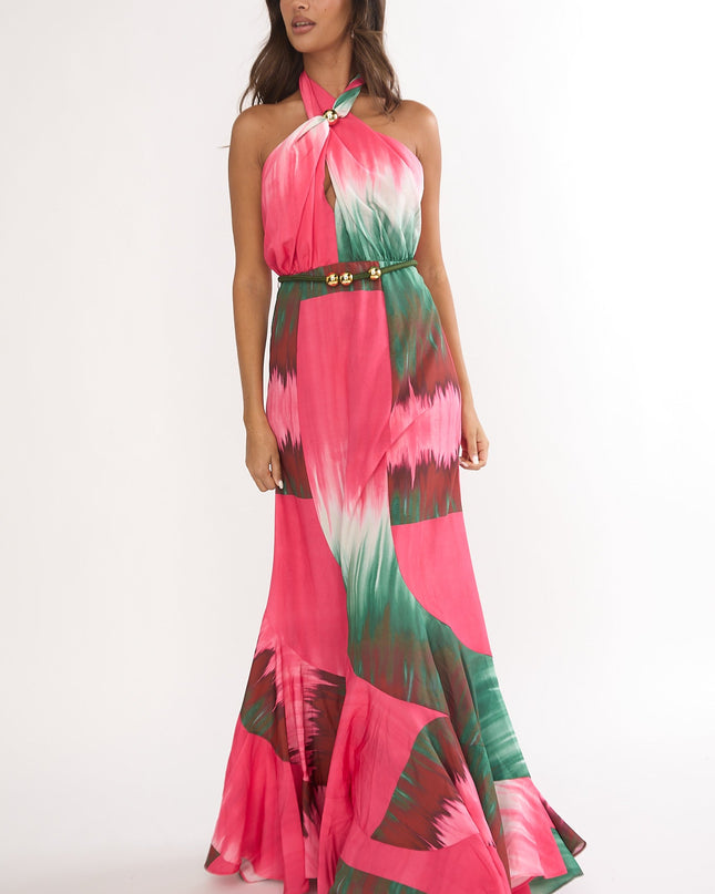 Fuchsia Waist Halter Maxi Dress