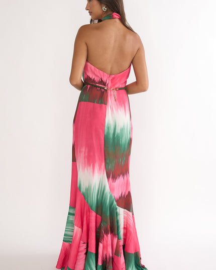 Fuchsia Waist Halter Maxi Dress