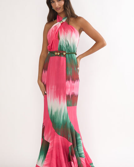 Fuchsia Waist Halter Maxi Dress