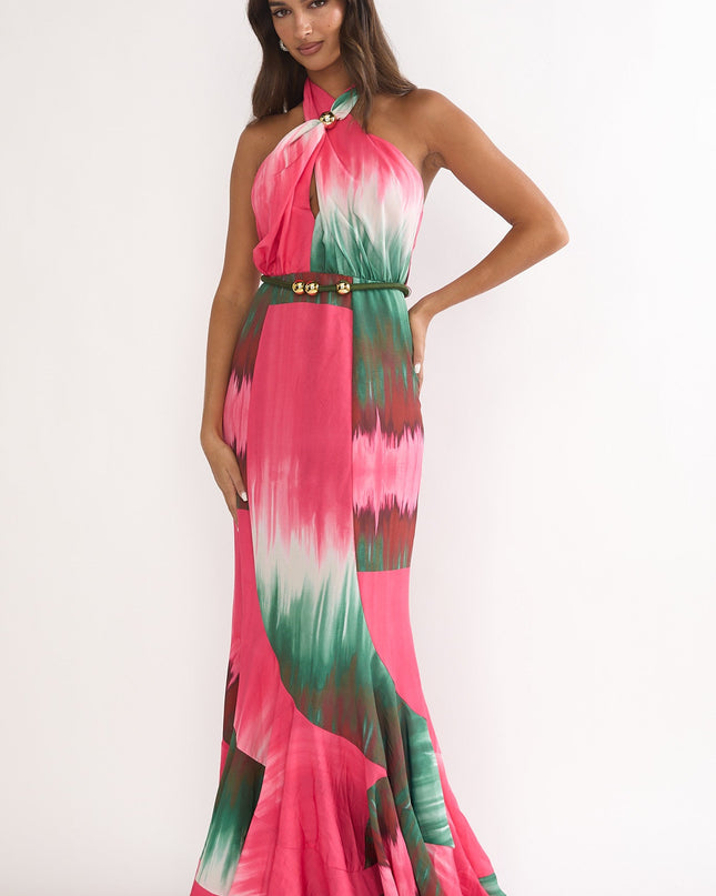 Fuchsia Waist Halter Maxi Dress