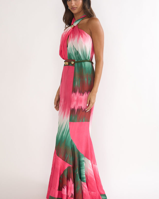 Fuchsia Waist Halter Maxi Dress