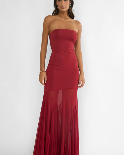 Wine Velvet Rope Strapless Mesh Maxi Dress