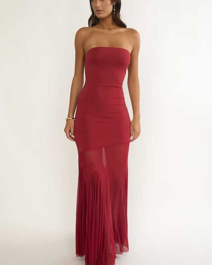 Wine Velvet Rope Strapless Mesh Maxi Dress