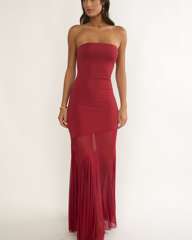 Wine Velvet Rope Strapless Mesh Maxi Dress