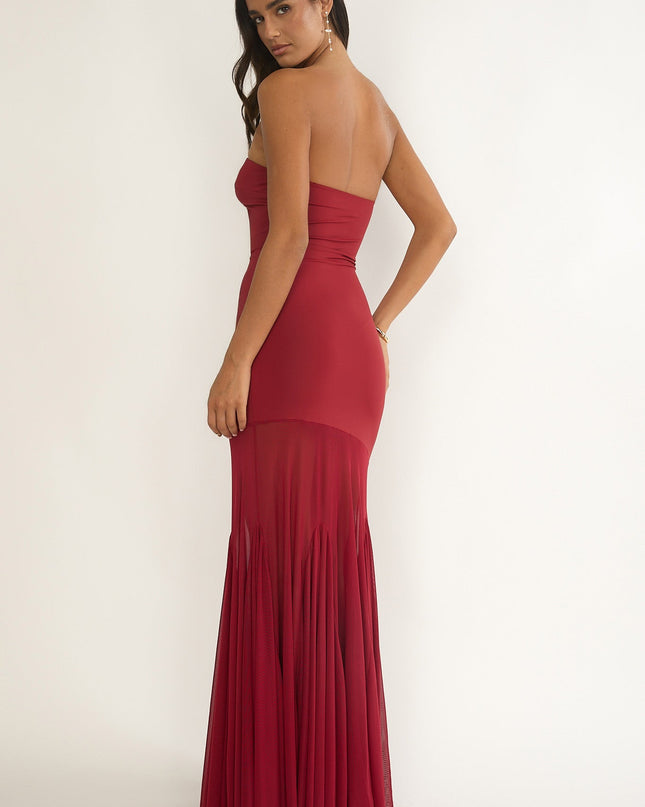 Wine Velvet Rope Strapless Mesh Maxi Dress