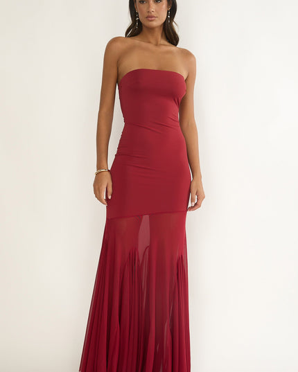 Wine Velvet Rope Strapless Mesh Maxi Dress