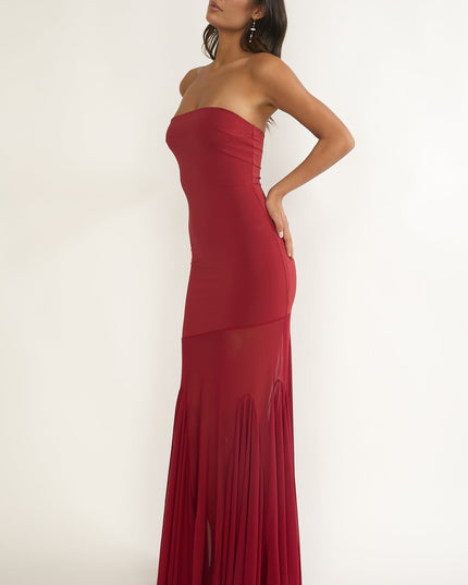 Wine Velvet Rope Strapless Mesh Maxi Dress