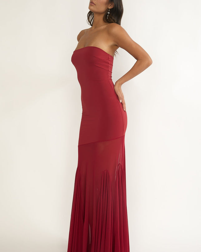 Wine Velvet Rope Strapless Mesh Maxi Dress