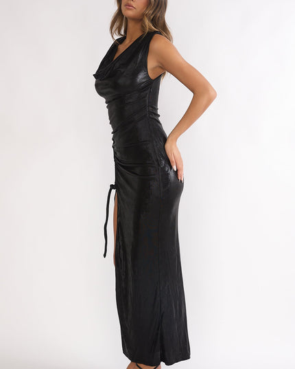 Black Cowl Ruched Maxi Dress