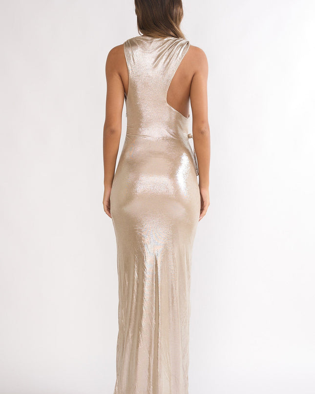 Champagne Cowl Ruched Maxi Dress