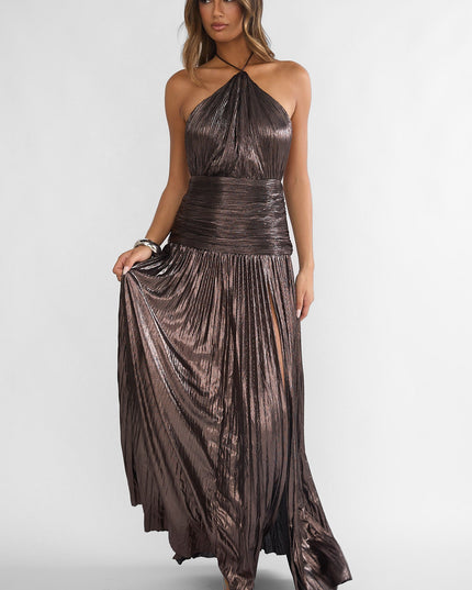Gunmetal Drop Waist Accordion Pleat Maxi Dress