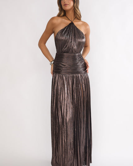 Gunmetal Drop Waist Accordion Pleat Maxi Dress