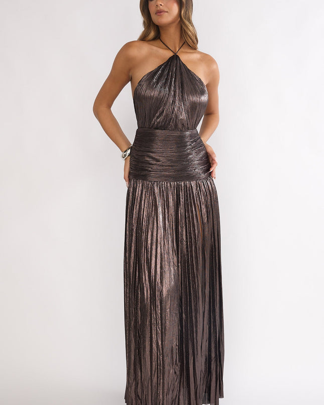 Gunmetal Drop Waist Accordion Pleat Maxi Dress