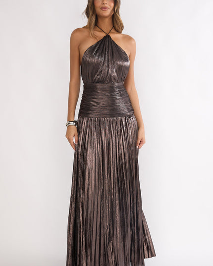 Gunmetal Drop Waist Accordion Pleat Maxi Dress