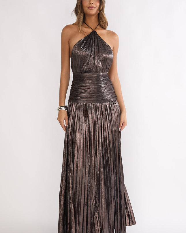 Gunmetal Drop Waist Accordion Pleat Maxi Dress