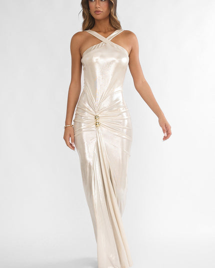 Pearl Ruched Waist Gold Accent Maxi Dress