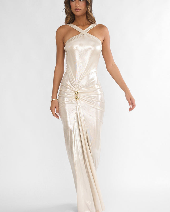 Pearl Ruched Waist Gold Accent Maxi Dress