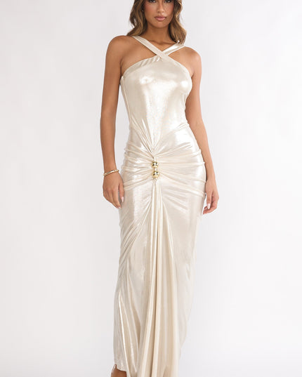 Pearl Ruched Waist Gold Accent Maxi Dress