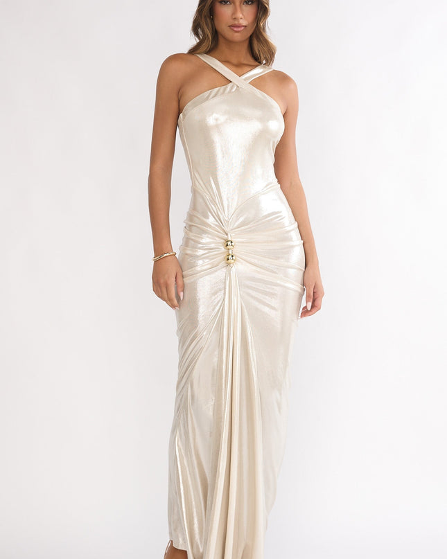 Pearl Ruched Waist Gold Accent Maxi Dress