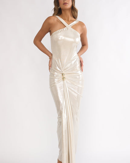 Pearl Ruched Waist Gold Accent Maxi Dress