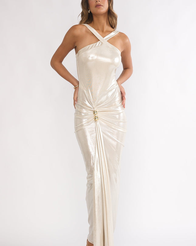 Pearl Ruched Waist Gold Accent Maxi Dress