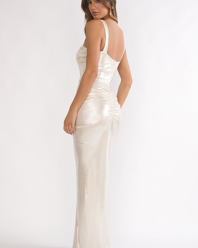 Pearl Ruched Waist Gold Accent Maxi Dress