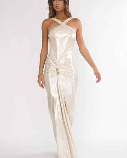 Pearl Ruched Waist Gold Accent Maxi Dress