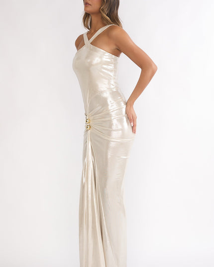 Pearl Ruched Waist Gold Accent Maxi Dress
