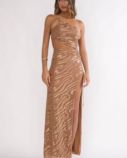 Mocha One-Shoulder Cut-Out Maxi Dress