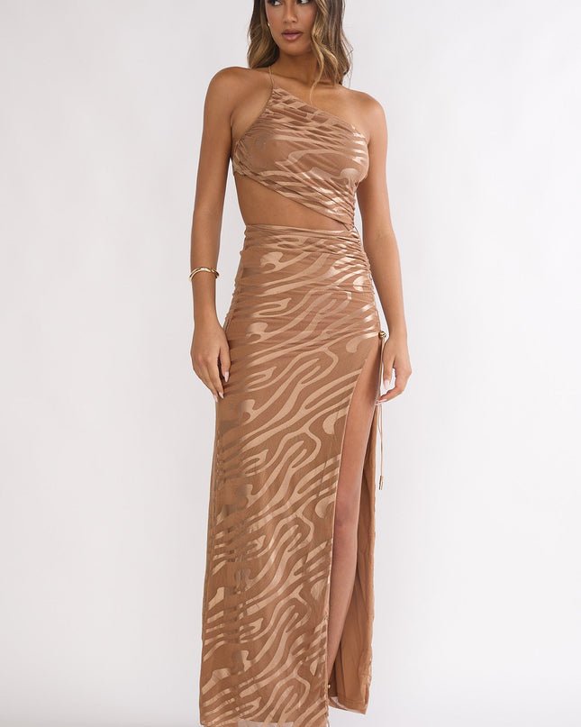 Mocha One-Shoulder Cut-Out Maxi Dress