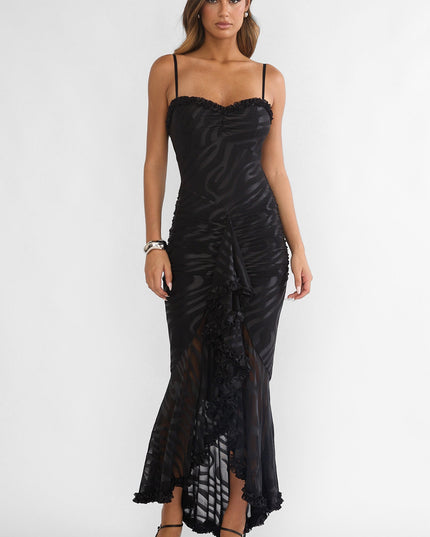 Black Ruched Frill Trim Maxi Dress