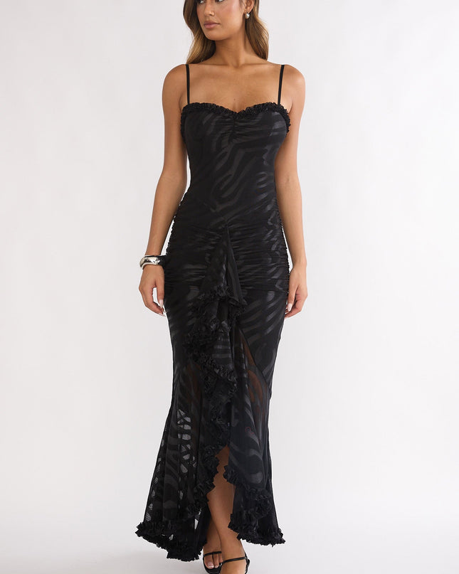 Black Ruched Frill Trim Maxi Dress