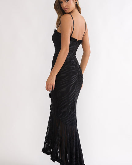 Black Ruched Frill Trim Maxi Dress