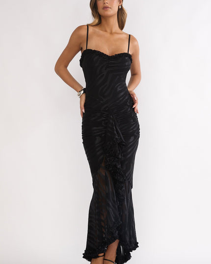 Black Ruched Frill Trim Maxi Dress
