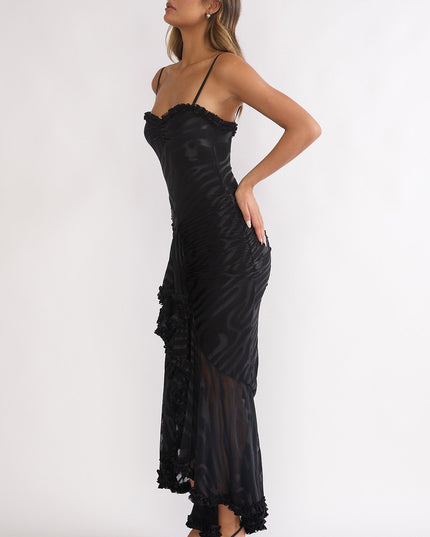 Black Ruched Frill Trim Maxi Dress
