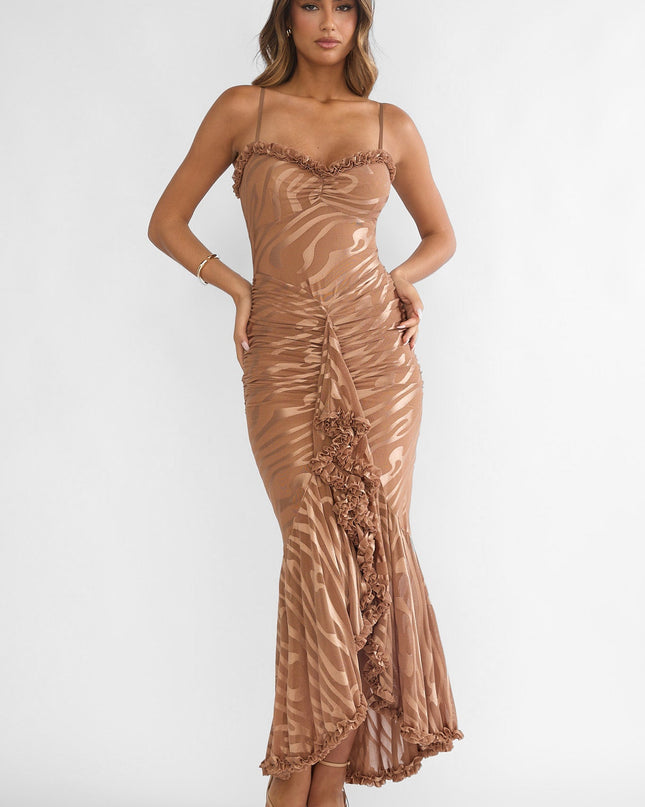 Mocha Ruched Frill Trim Maxi Dress