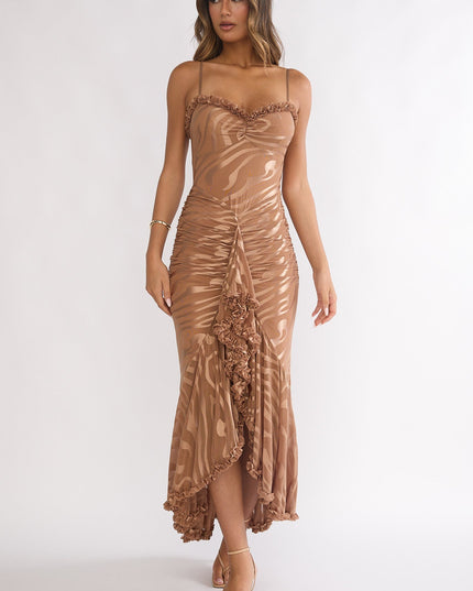 Mocha Ruched Frill Trim Maxi Dress