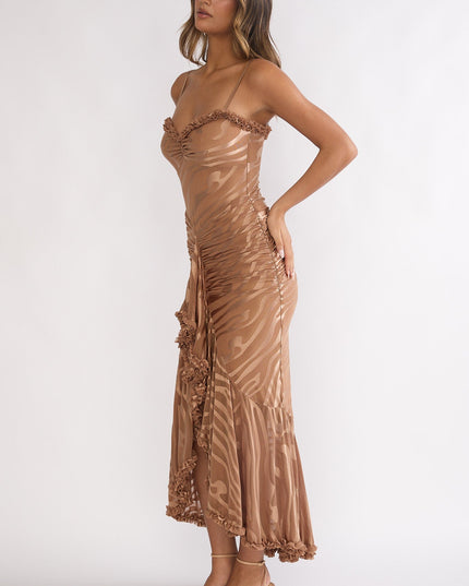 Mocha Ruched Frill Trim Maxi Dress