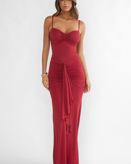 Wine Ruched Cascade Sash Dress