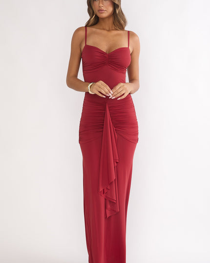 Wine Ruched Cascade Sash Dress