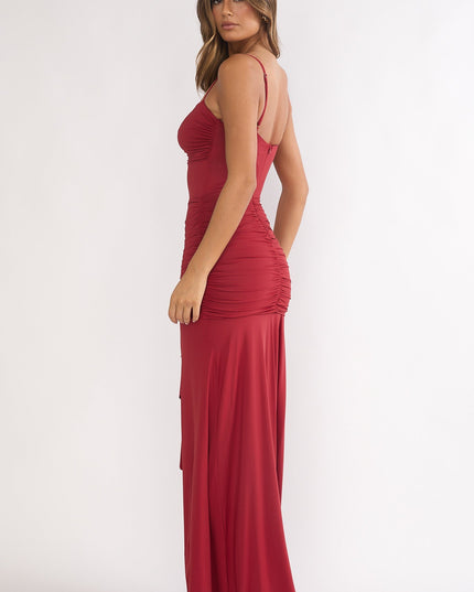 Wine Ruched Cascade Sash Dress