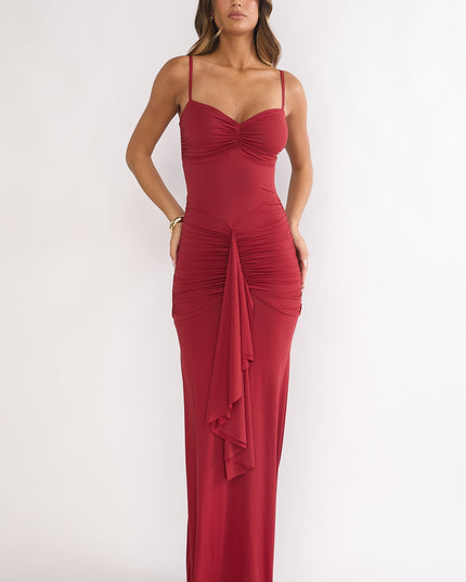 Wine Ruched Cascade Sash Dress